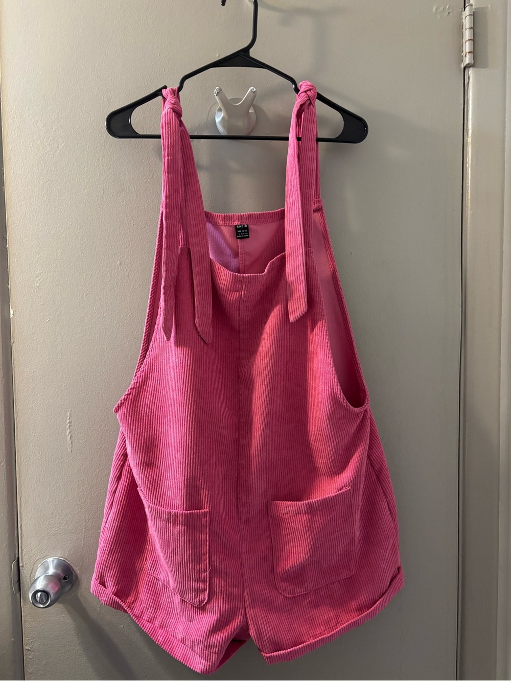 SHEIN Pink Corduroy Tie-Strap Short Overalls
